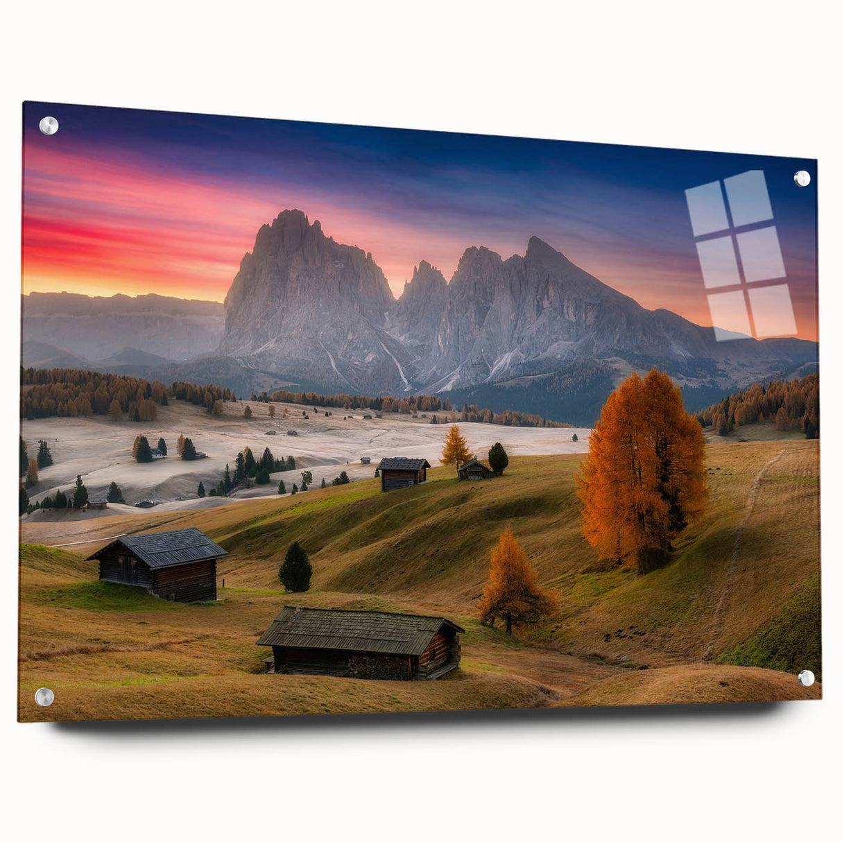 Acrylic glass print of the Dolomites in Italy, featuring muted earth tones, ideal for dining room wall art.
