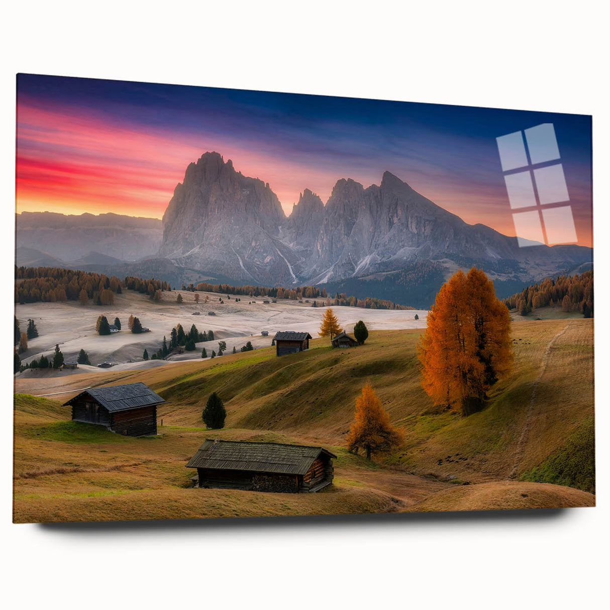 Acrylic print of Dolomites landscape in Italy, in muted earth tones, ideal for bedroom or dining room art.