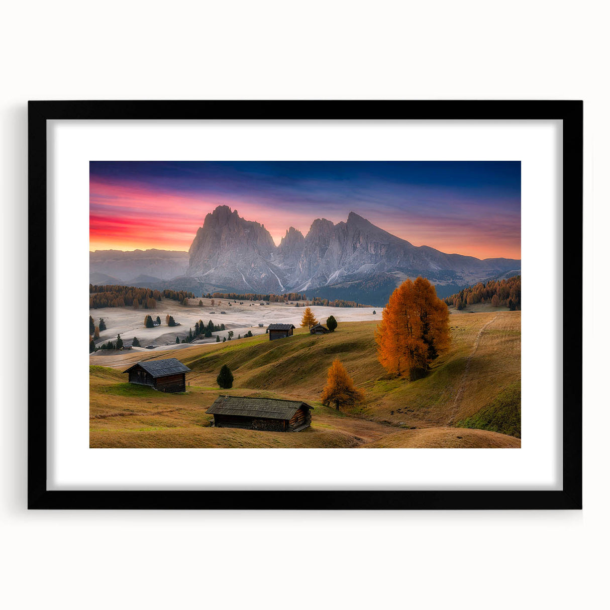 Extra large framed print of abstract Dolomites scenery with textured, colorful art ideal for living room decor.
