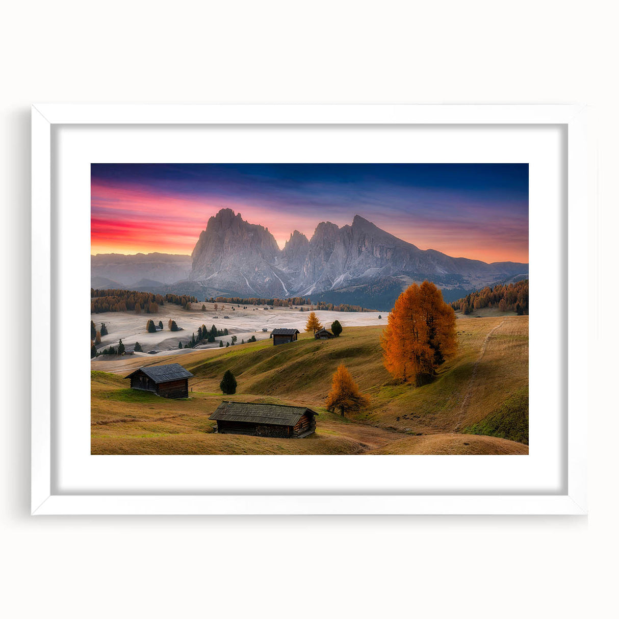 Textured art of the Dolomites in muted earth tones on a framed white mat, suitable for bedroom decor.