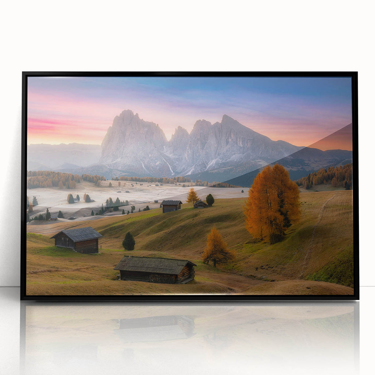 Framed acrylic print of a large abstract representation of the Dolomites in Italy, featuring muted earth tones.