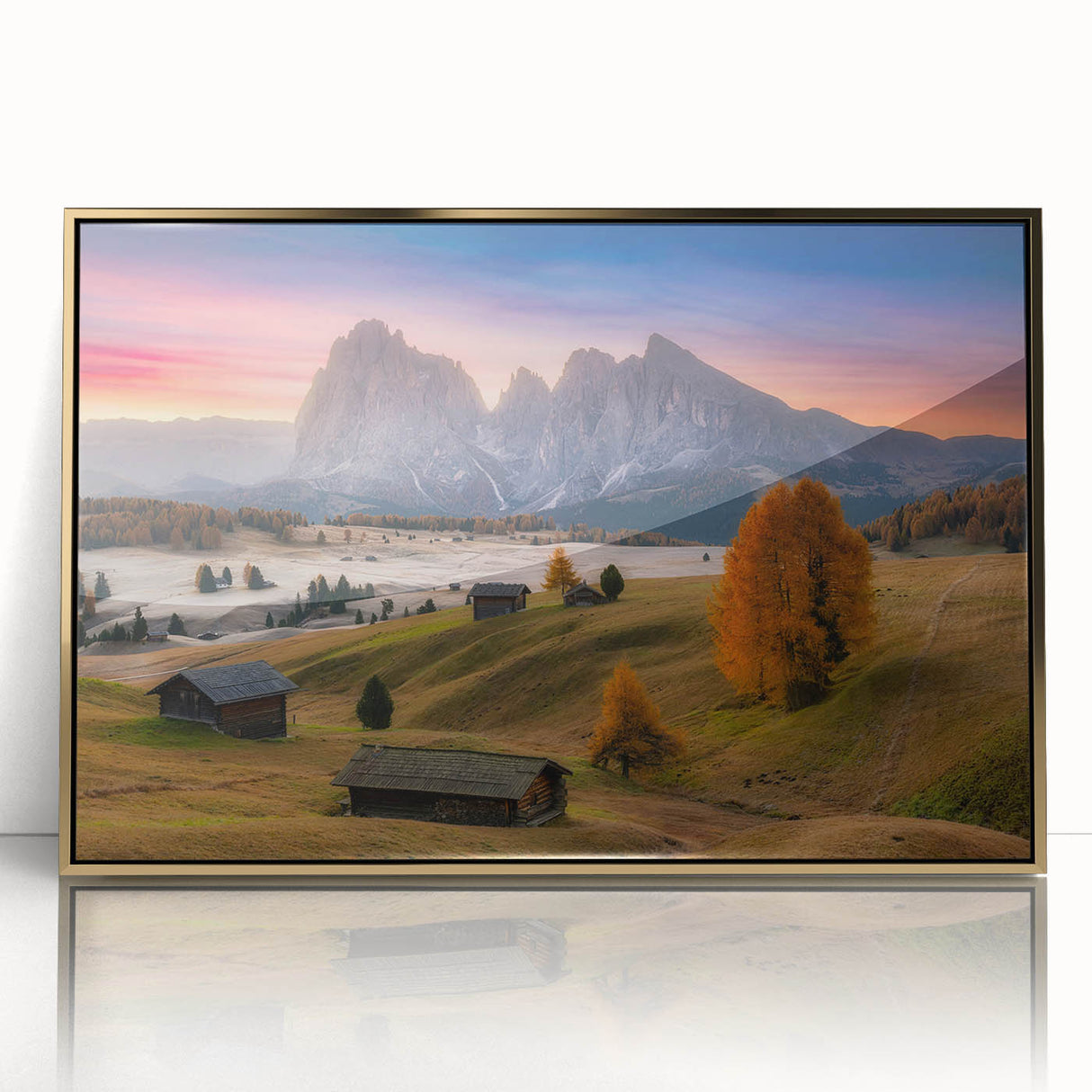 Acrylic framed print of the Dolomites in Italy, featuring muted earth tones, ideal for modern art wall decor.