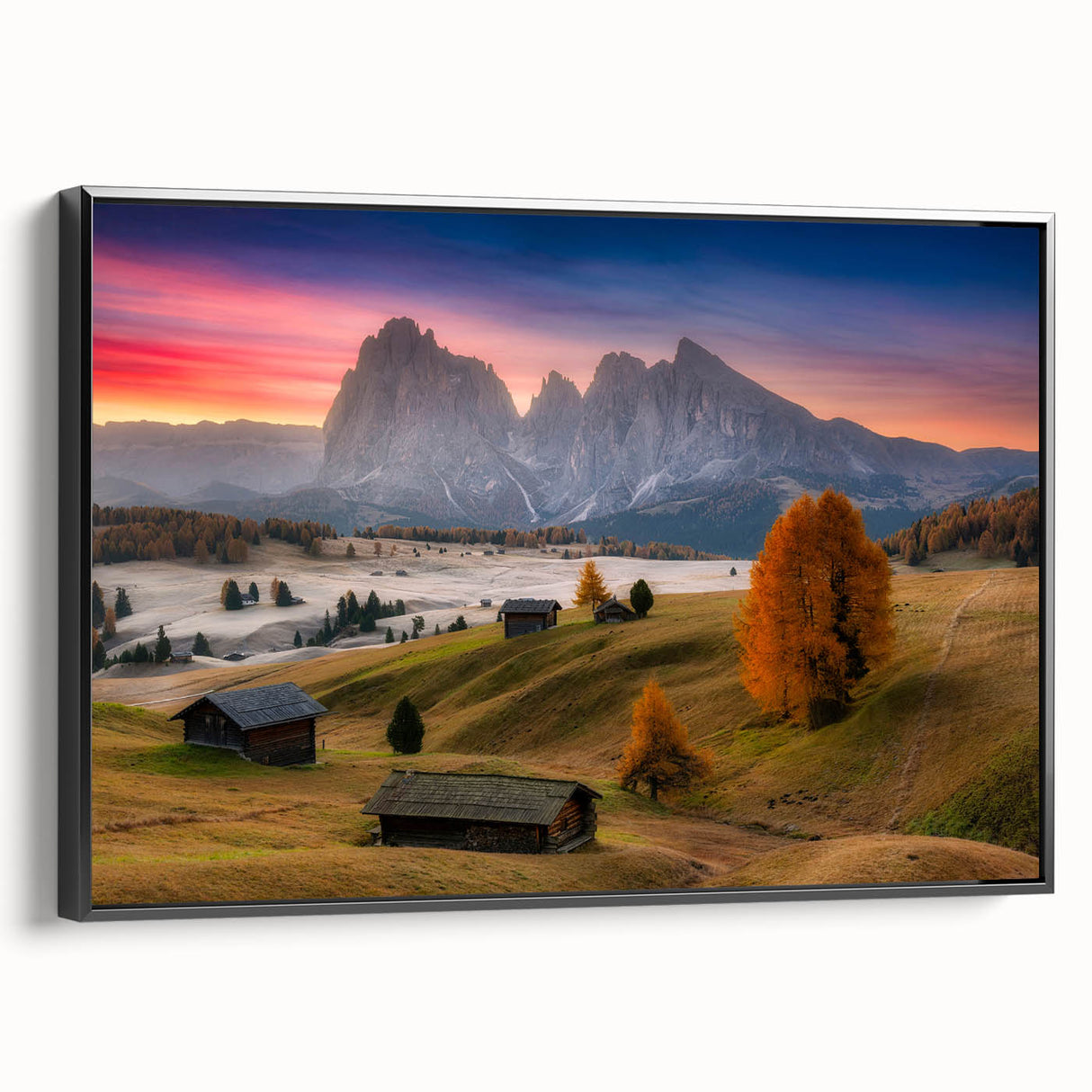 Black and white wall art of the Dolomites on a framed canvas, ideal for bedroom decor with a vintage poster art style.