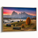 Framed canvas of Dolomite mountains in muted earth tones, ideal for bedroom wall art.