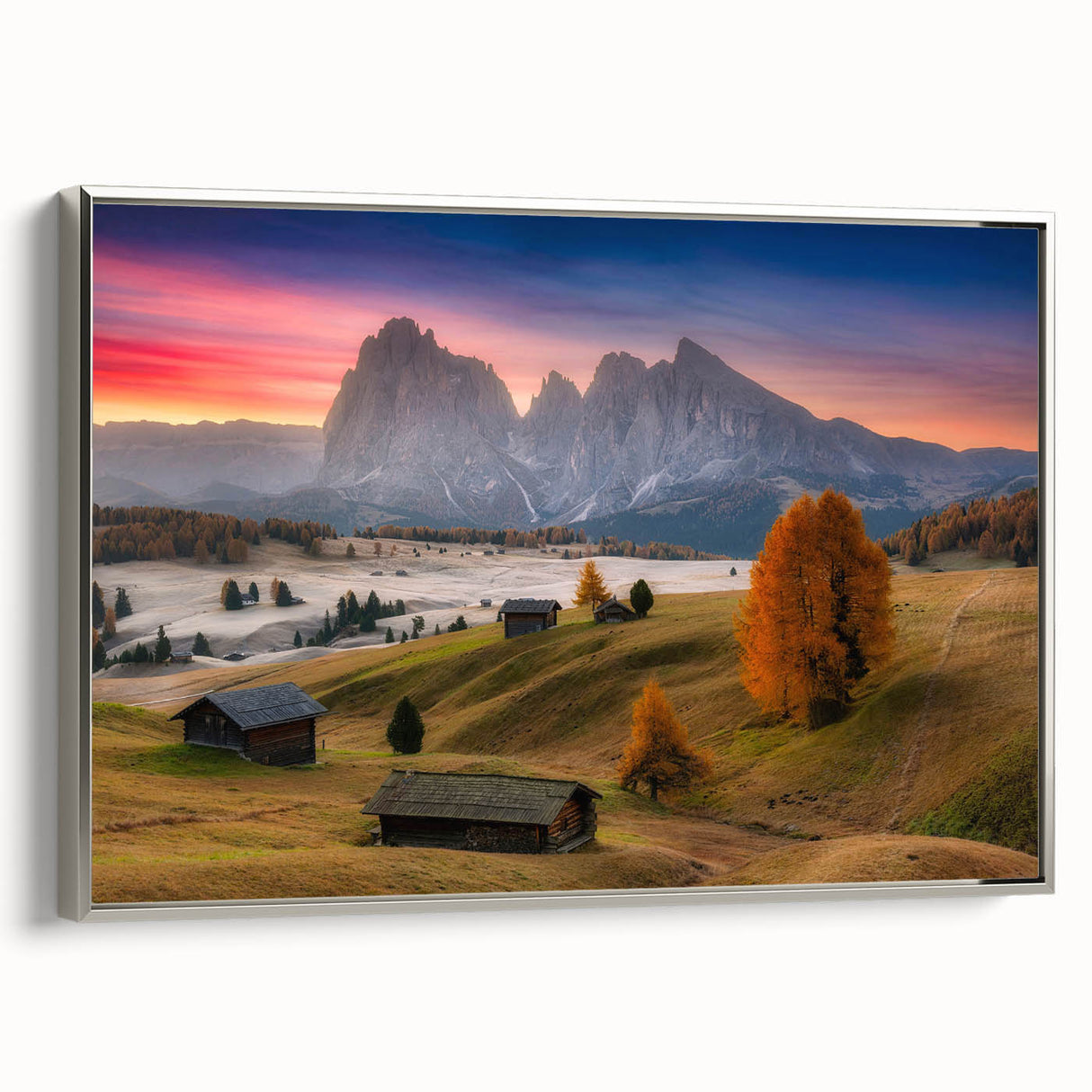 Landscape art painting of the Dolomites in Italy, featuring muted earth tones on a framed canvas.