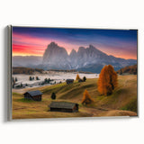 Landscape art painting of the Dolomites in Italy, featuring muted earth tones on a framed canvas.