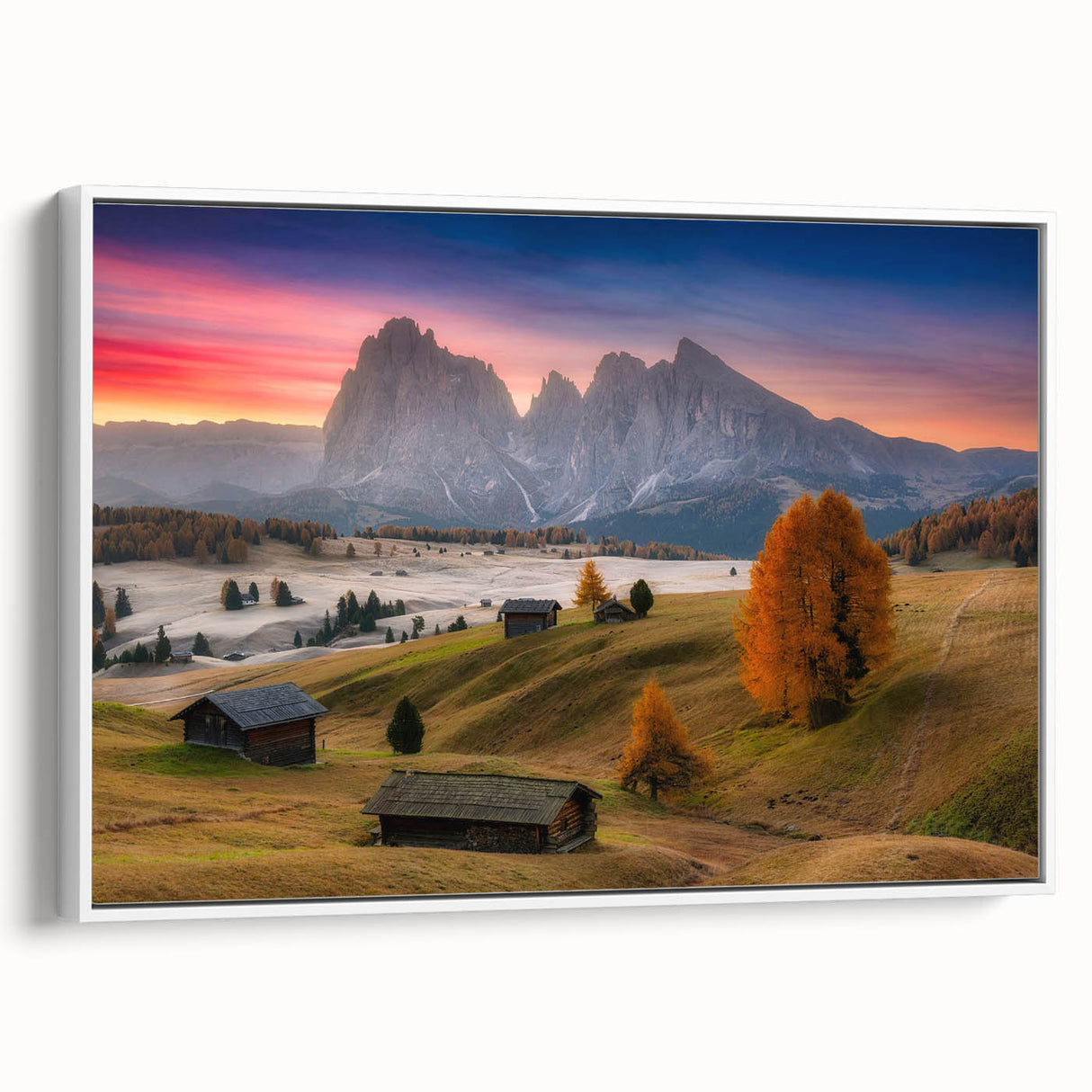 Vintage poster art of the Dolomites in Italy, featuring colorful imagery on an extra large framed canvas.
