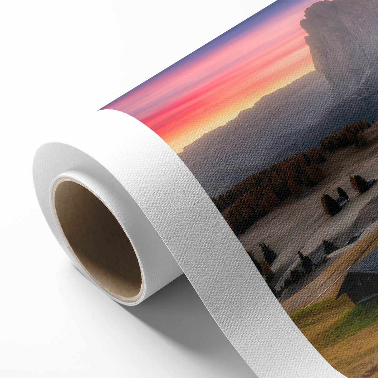 Art deco poster of the Dolomites in Italy, featuring muted earth tones on rolled canvas, ideal for nursery wall art.