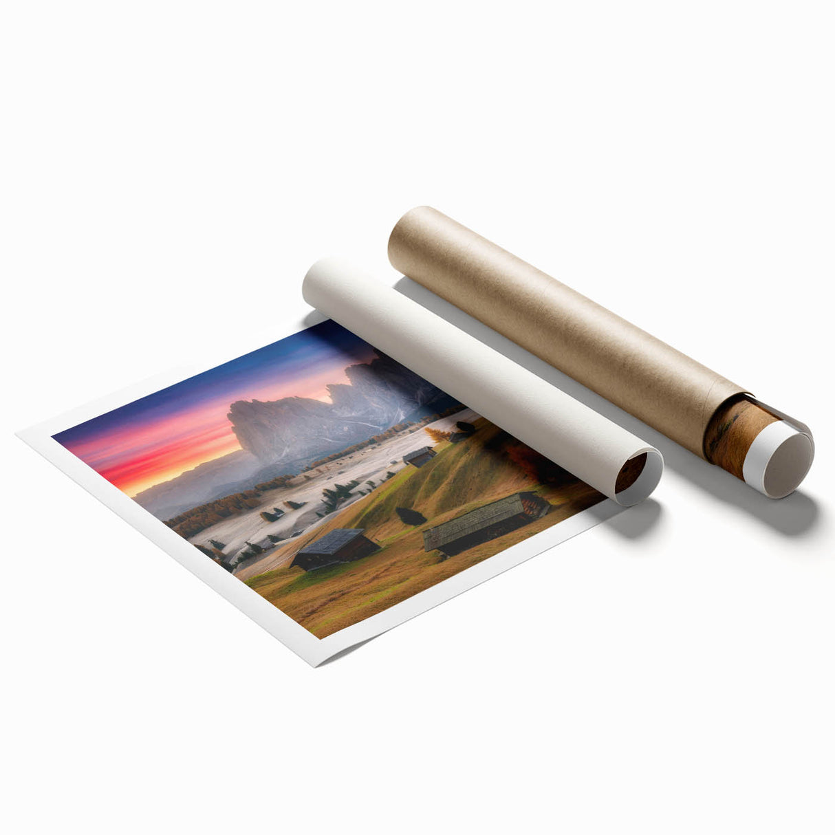 Extra large rolled print of the Dolomites in Italy, featuring vibrant green meadows and floral elements.