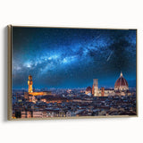 Framed canvas featuring a vintage-style landscape painting of Florence, Italy, in muted earth tones, ideal for bedroom decor.