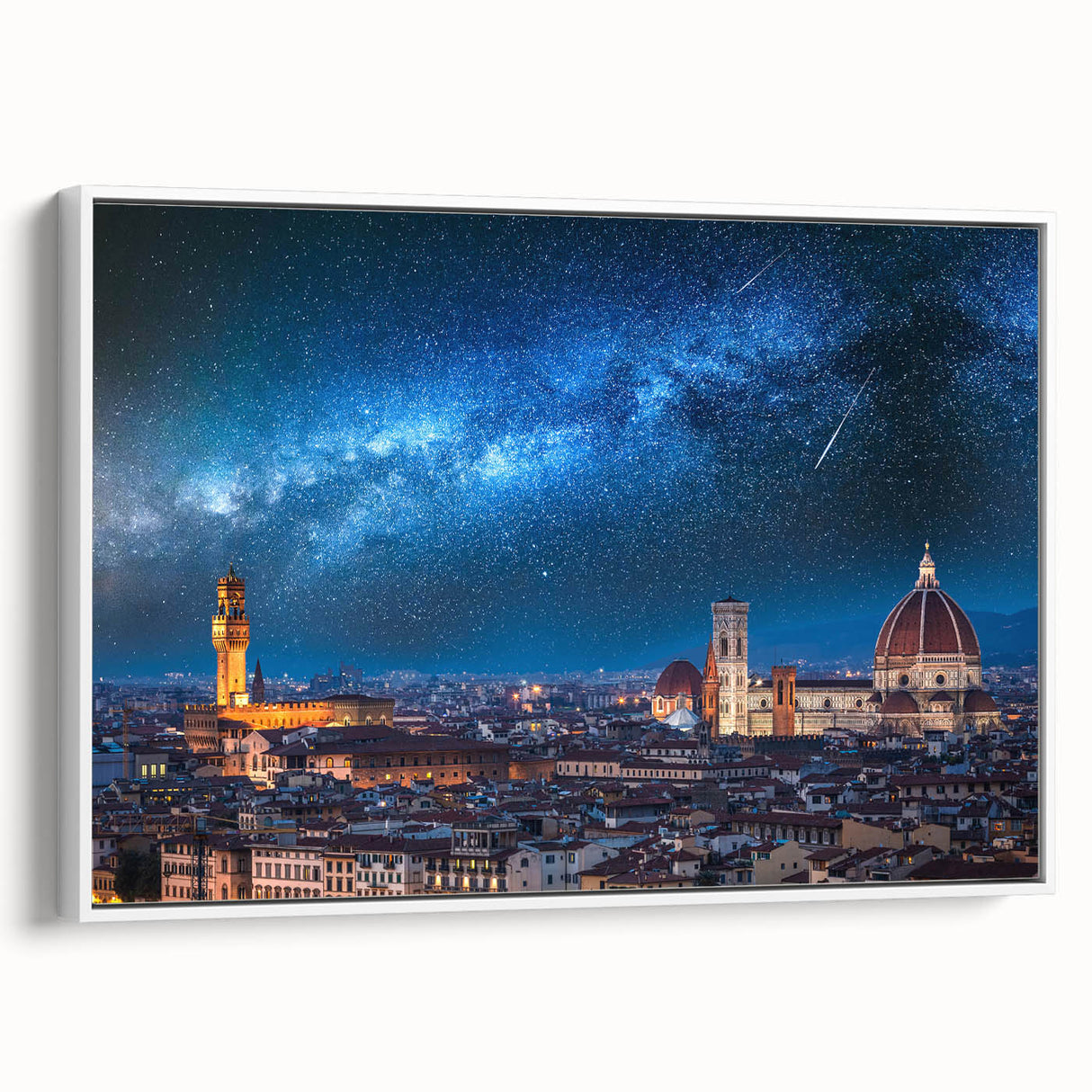 Vintage poster art of Florence scenery on extra large framed canvas, featuring colorful art with black accents.