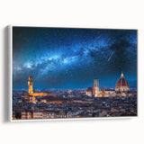 Vintage poster art of Florence scenery on extra large framed canvas, featuring colorful art with black accents.