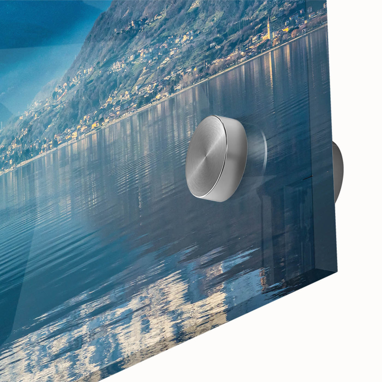 Large abstract wall art of Lake Como with muted blue and green tones on acrylic glass, ideal for dining room art.