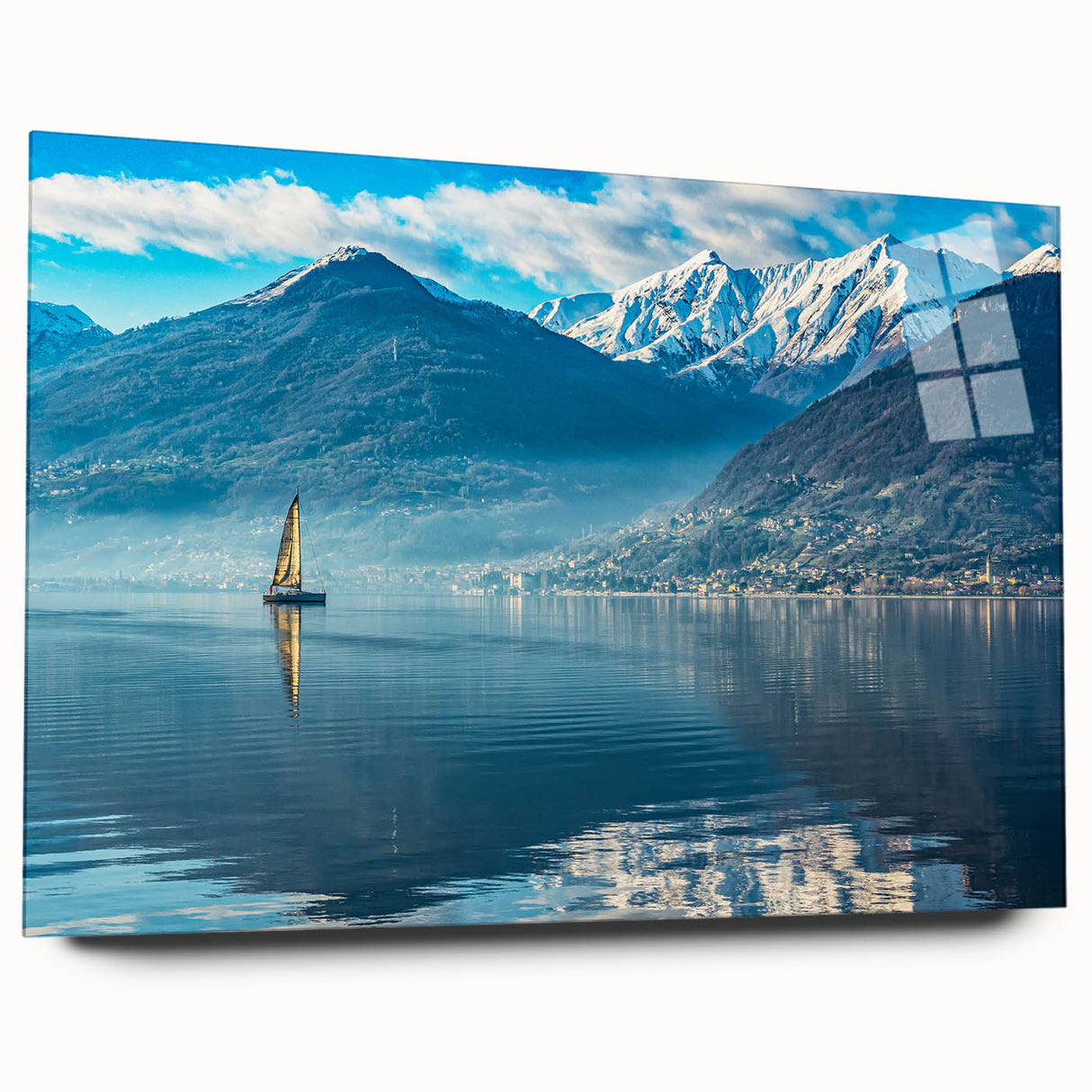 Acrylic print of Lake Como with reflective water in muted blue and green tones, ideal for bedroom or dining room art.