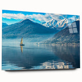 Acrylic print of Lake Como with reflective water in muted blue and green tones, ideal for bedroom or dining room art.