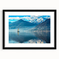 Extra large, colorful abstract art print of Lake Como with textured details on a framed black mat.