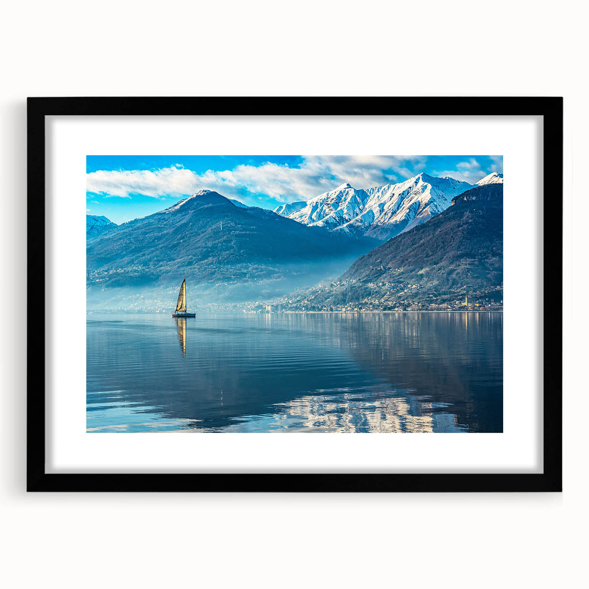 Extra large, colorful abstract art print of Lake Como with textured details on a framed black mat.