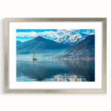 Extra large abstract art print of Lake Como with textured design in muted earth tones, framed with silver mat.