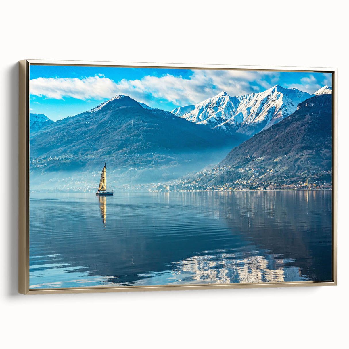 Framed canvas of Lake Como landscape in muted gold and black tones, ideal for bedroom wall art.