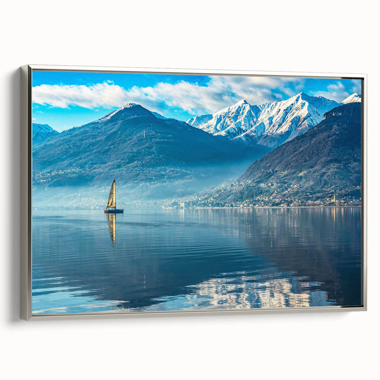 Landscape art painting of Lake Como with colorful hues on framed canvas, ideal for living room decor.