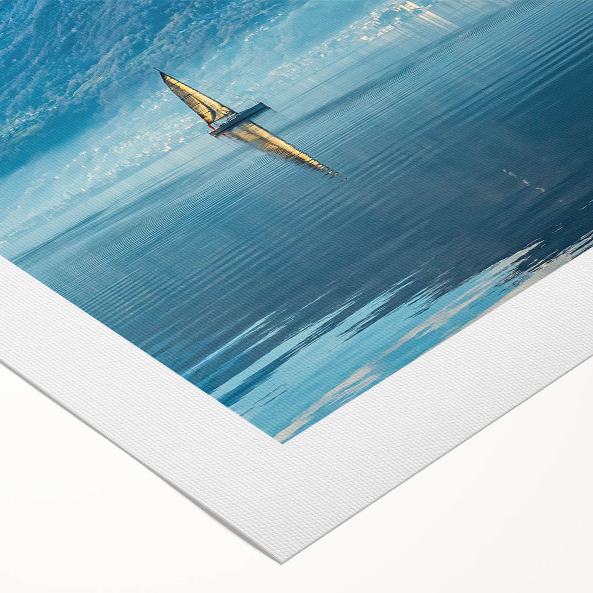 Art Deco poster of Lake Como with muted blue and green tones on rolled canvas, suitable for dining room wall art.