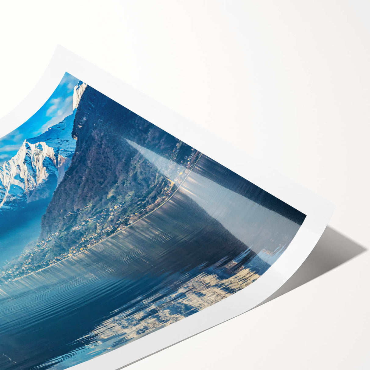 Extra large wall art featuring line art flowers and a serene Lake Como view, in soft pastel shades on a rolled print.