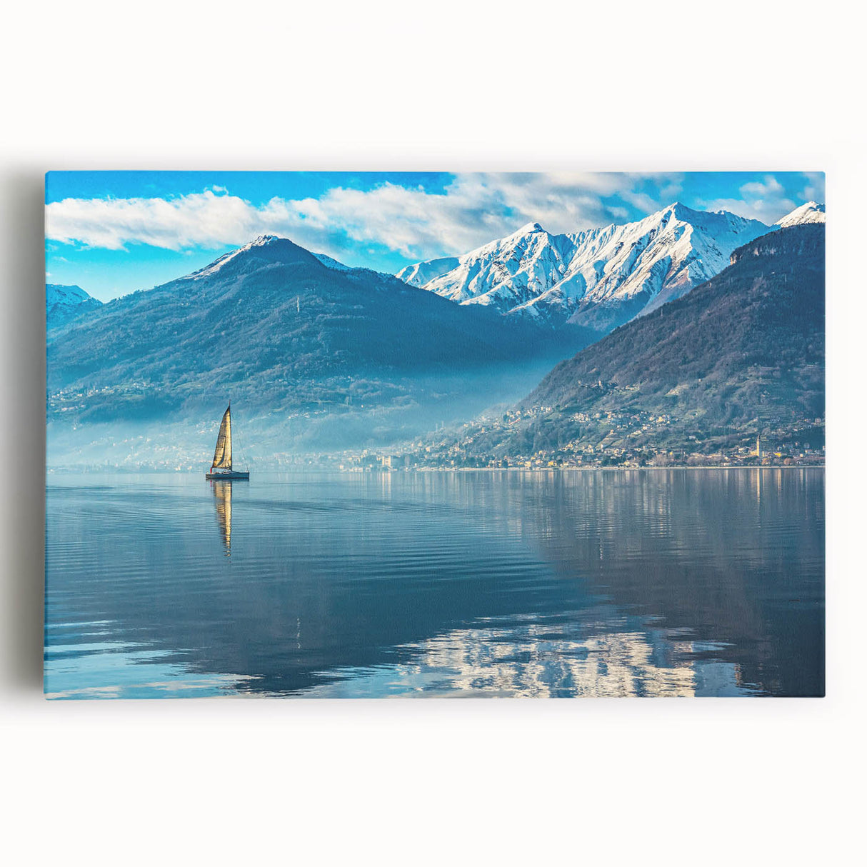 Black and white photograph of Lake Como on stretched canvas, ideal for kitchen wall art or bedroom ambiance.