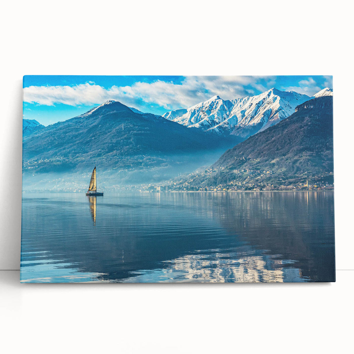 Black and white photograph of Lake Como on stretched canvas, suitable for kitchen wall art.