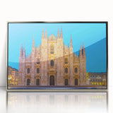 Mid-century modernist style Milan scenery in silver framed acrylic, featuring muted earth tones.