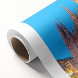 Art Deco poster of Milan scenery on rolled canvas, in muted earth tones, ideal for nursery wall art or dining room decor.