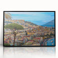 Large abstract wall art depicting a European scenery in Naples with muted earth tones, framed in black acrylic.