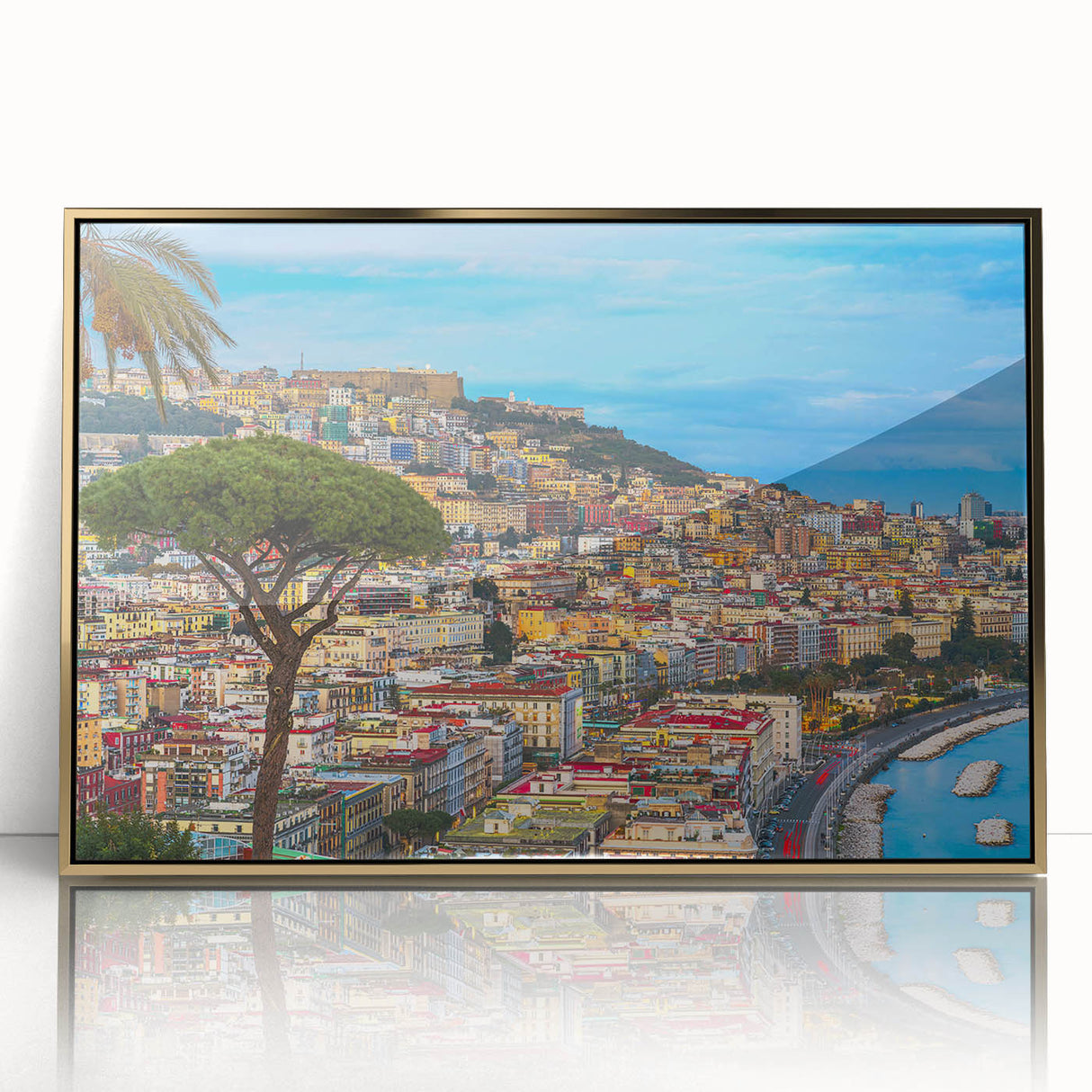 Art deco poster of Naples scenery in muted gold and blue tones, acrylic print framed, suitable for modern art wall decor.