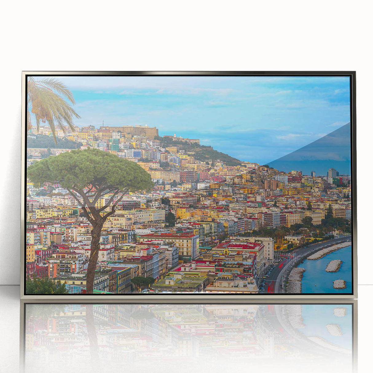 Large art print of Naples scenery in muted earth tones on framed acrylic, ideal for modern art wall decor.