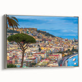 Framed canvas landscape art painting of Naples with colorful vintage poster art style.
