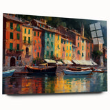Large abstract wall art of Portofino, Italy, in vibrant colors on acrylic glass, ideal for bedroom or dining room decor.