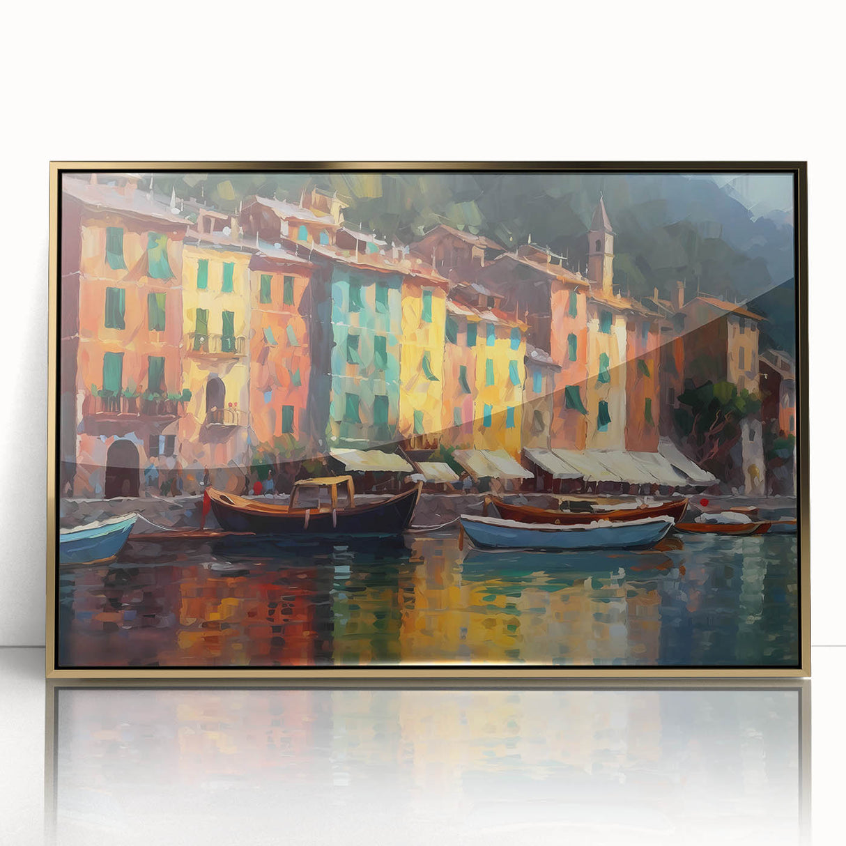 Acrylic print of Portofino, Italy scenery in art deco style with gold frame, ideal for modern art wall decor.
