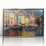 Mid-century modernist style acrylic print of Portofino, Italy, in vibrant colors, framed in silver.
