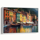Vintage poster art of Portofino, Italy, featuring colorful buildings on canvas, ideal for living room decor.