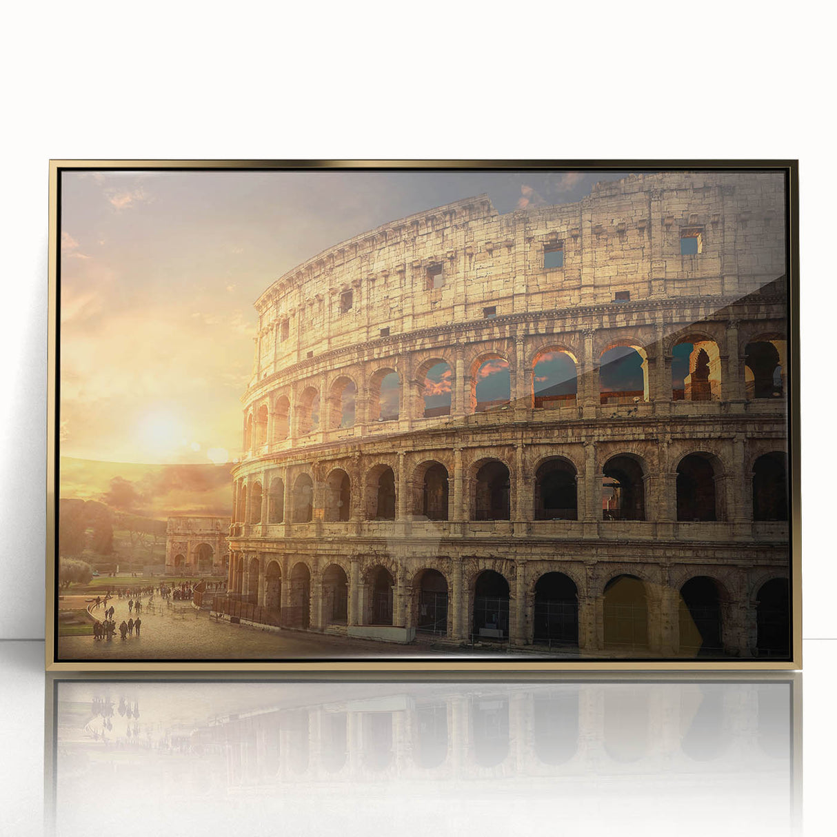 Art Deco poster of Rome skyline in muted gold and ivory on acrylic, framed, suitable for modern art wall decor.