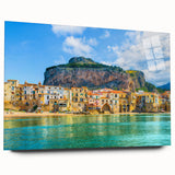 Large abstract wall art of a Sicilian landscape in vibrant colors on acrylic glass, ideal for bedroom or dining room decor.
