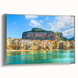 Landscape art painting of a Sicilian scenery on a framed canvas, featuring muted earth tones, ideal for a dining room.