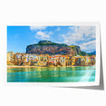 Rolled print of Sicilian landscape with vibrant floral elements in pastel shades, ideal for art wall dining room.