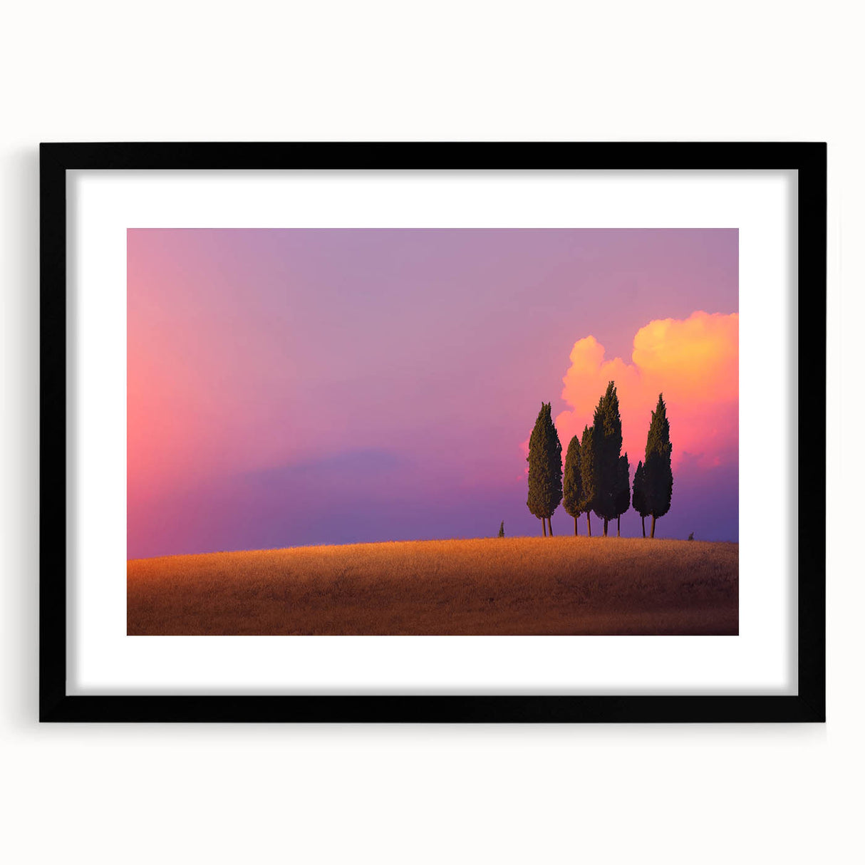 Extra large, textured abstract art print of Tuscany landscape in vibrant colors on a framed black canvas.