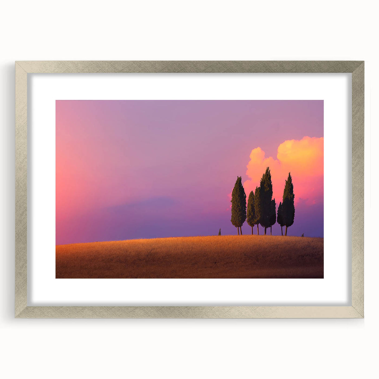 Extra large abstract art print depicting a textured Tuscan landscape in muted earth tones, framed in silver.