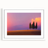 Textured abstract art print of Tuscany landscape in muted earth tones, framed with a white mat, ideal for bedroom decor.
