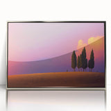 Large art print of a Tuscan landscape in muted earth tones on a silver-framed acrylic, ideal for modern art wall decor.