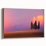 Framed canvas wall art depicting a Tuscan landscape in muted earth tones, ideal for bedroom decor.