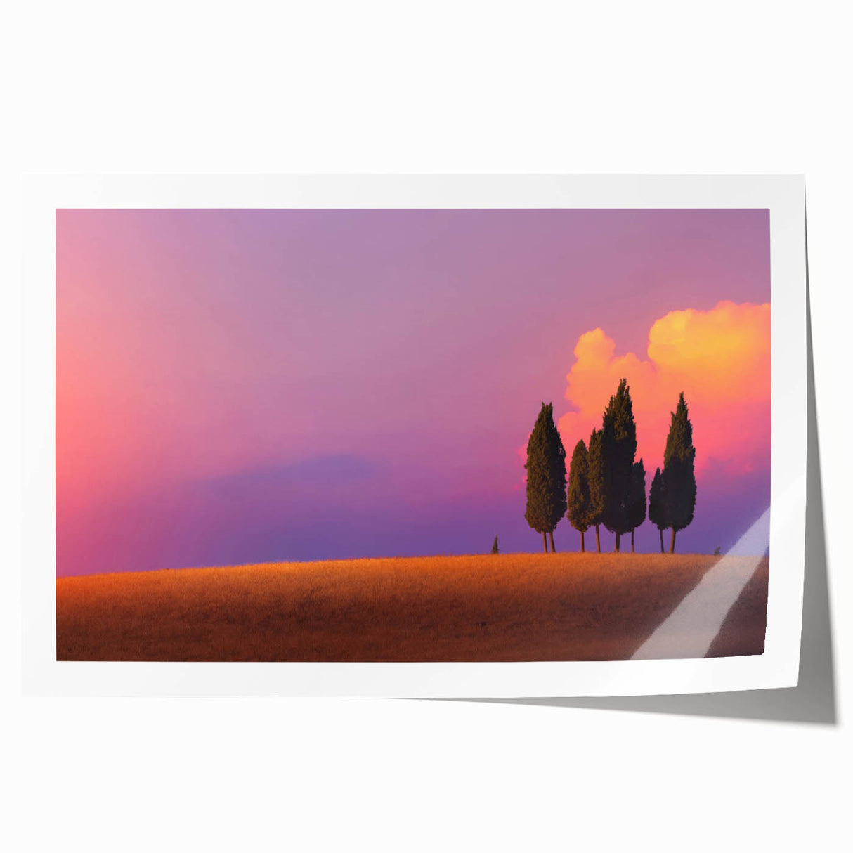 Rolled print of a Tuscan landscape with vibrant green fields and a clear sky, ideal for art wall dining room.