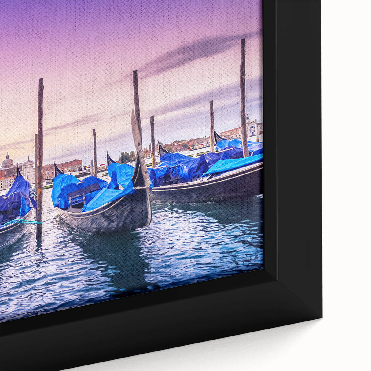 Black wall art depicting a textured Venice scenery in vibrant colors on a framed canvas, ideal for living room decor.