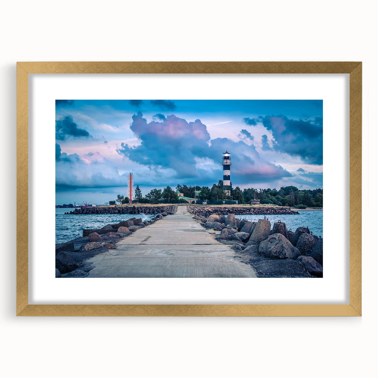 Abstract art print of a European landscape in muted gold and green tones, framed with a golden mat.